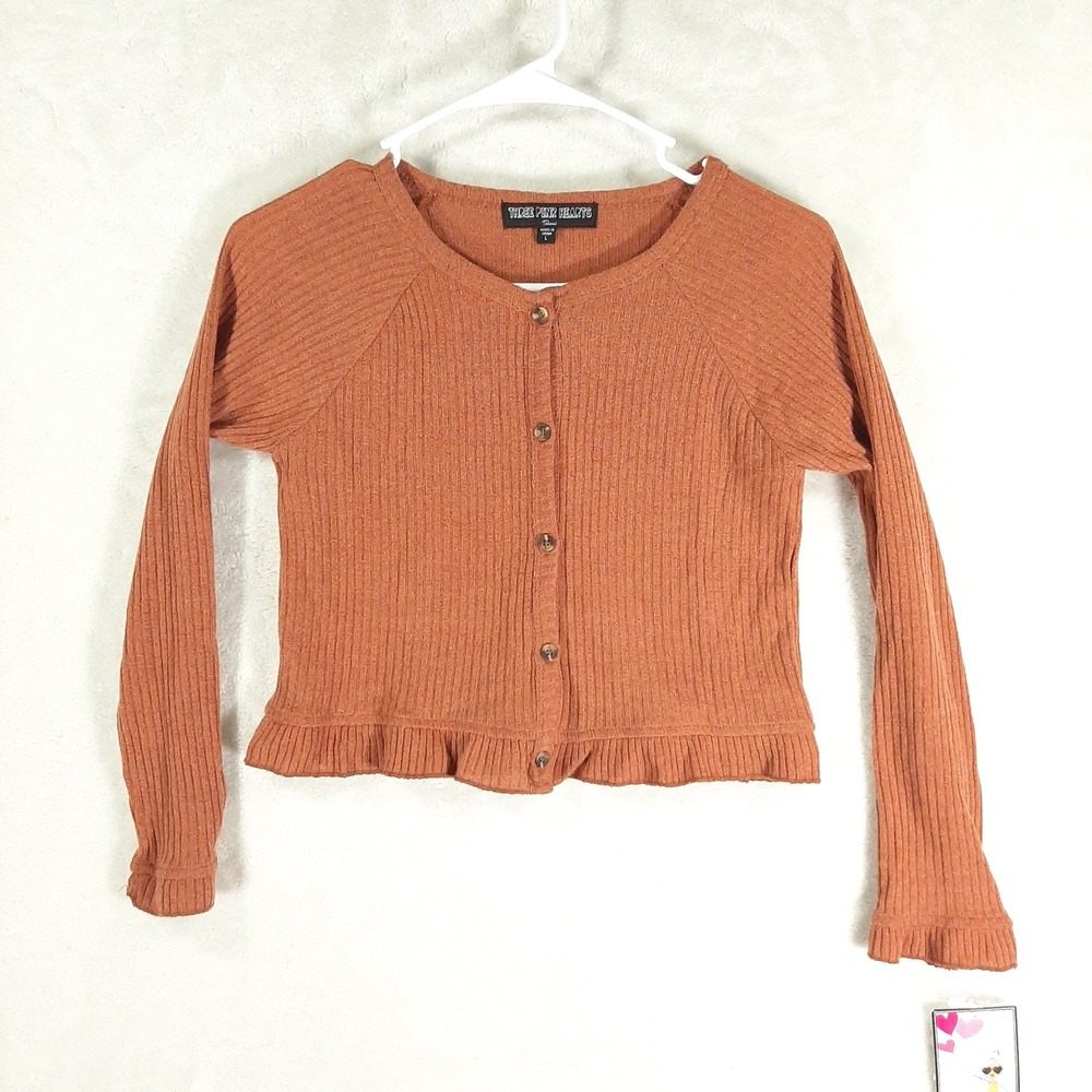 Three Pink Hearts Trixxi Rust Ribbed Ruffle Hem Cropped Cardigan Large NWT - Picture 2 of 8